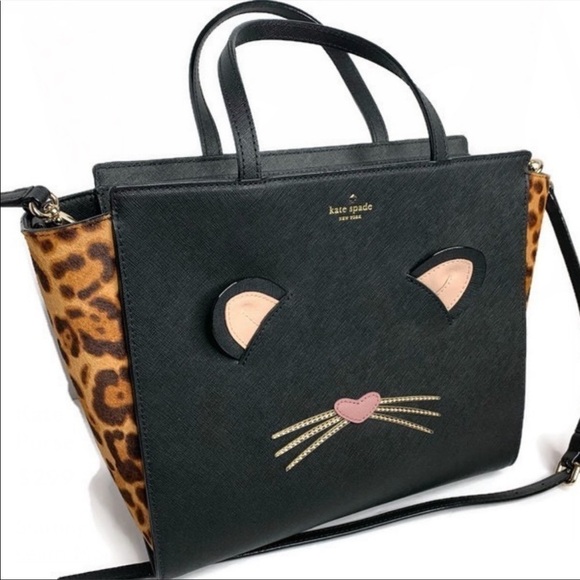 Kate Spade Hayden Leopard Cat Cheetah Bag Black with Ears - Picture 5 of 5